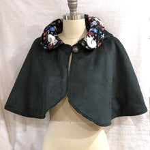 Pixie Capelet With Detachable Hood in Green Faux Suede, Lined with Mouse Print Fleece Cape