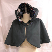 Pixie Capelet With Detachable Hood in Green Faux Suede, Lined with Mouse Print Fleece Cape