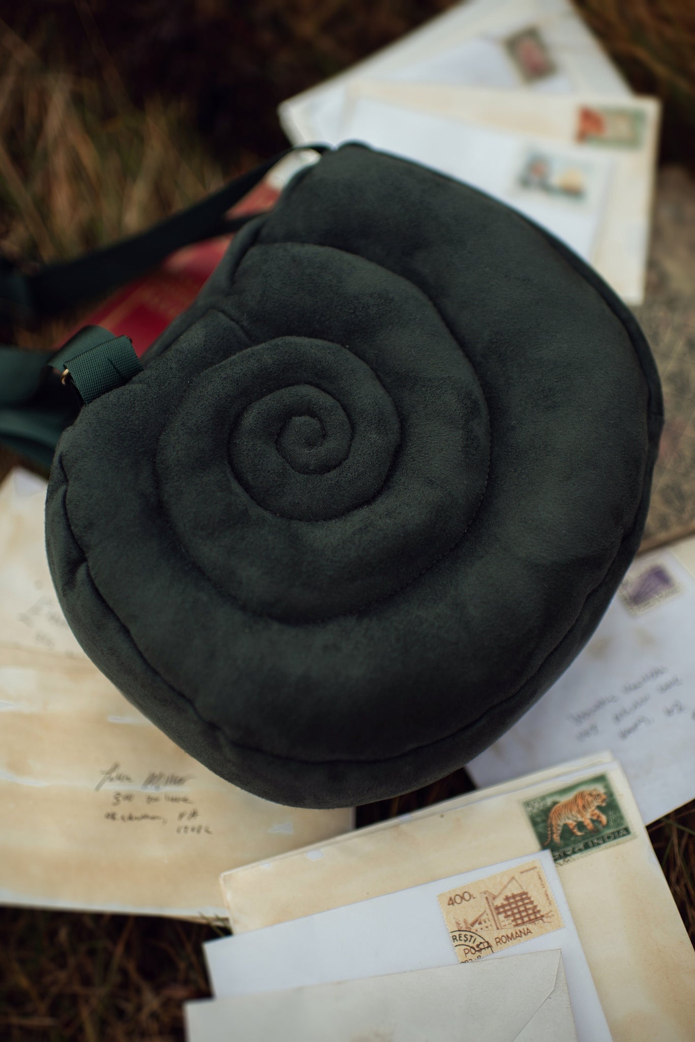 Snail Shell Backpack Petite Green Escargot in forest green faux suede ...