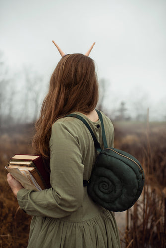 Snail Shell Backpack Petite Green Escargot in forest green faux suede, Goblincore